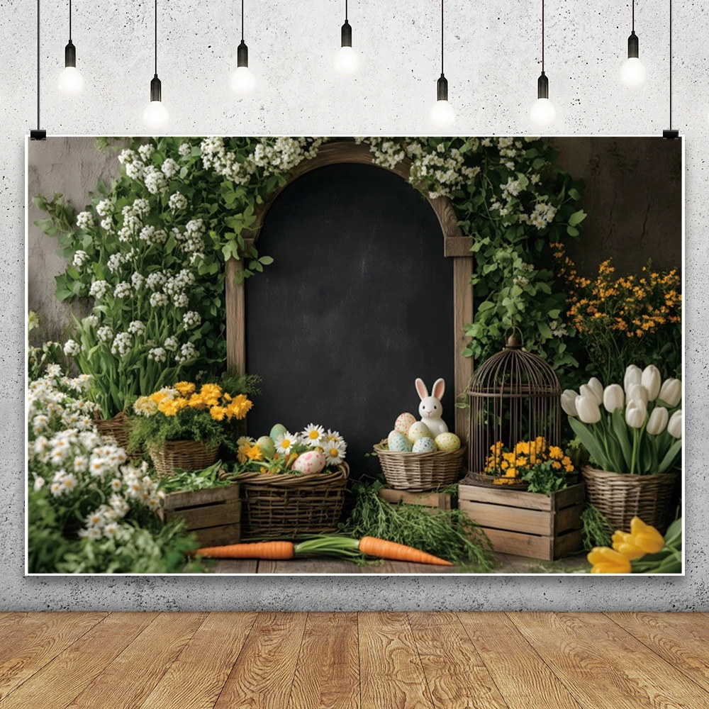 Easter Color Eggs Rabbit Photography Backdrop Easter Bunny Carrot Daisy Photo Black Wooden Board Baby Shower Photo Background