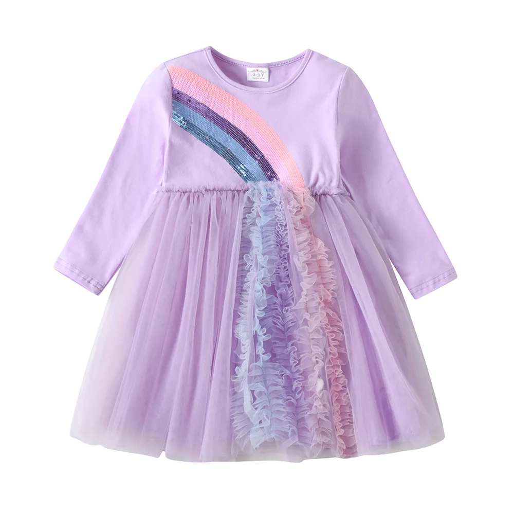 VIKITA Girls Rainbow Sequined Appliqued Dress Kids Long Sleeve Autumn Spring Purple Birthday Party Performance Tutu Vestidos