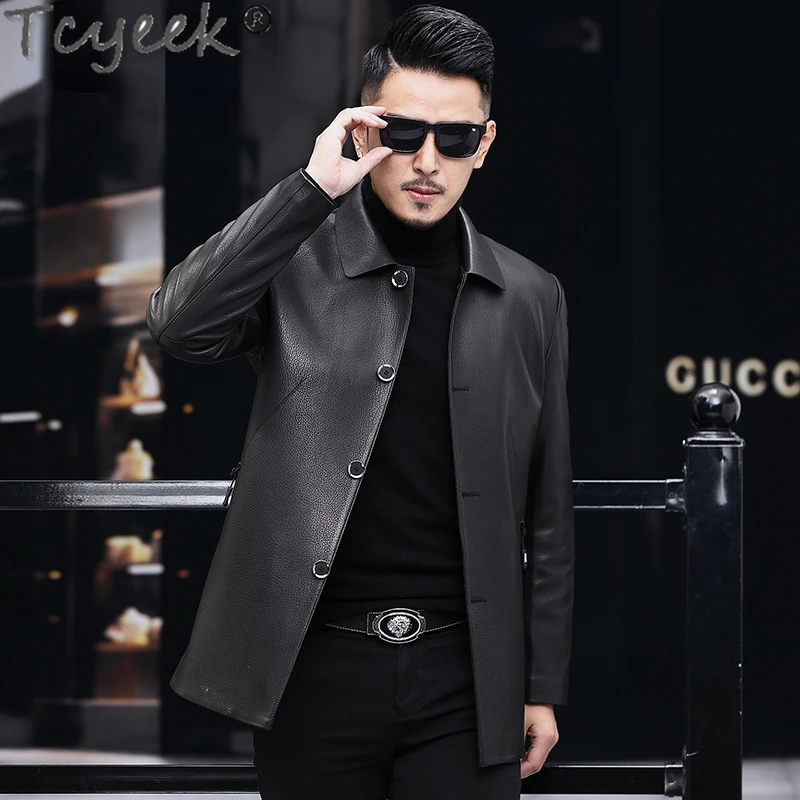 

Tcyeek Genuine Leather Jacket Men Spring Autumn Clothes Mid-length Windbreaker Fashion Real Goatskin Coats Male Business Casual