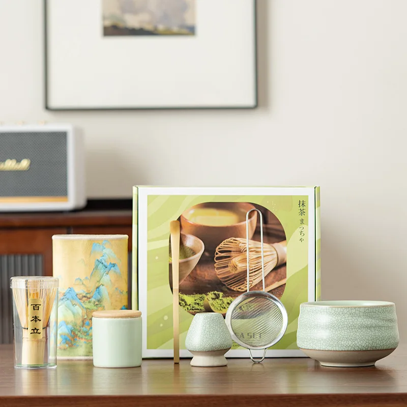 

BespritGift Ru Kiln Matcha Set 2-7pc Japanese Ceramic Chawan Tea Bowl 100Prong Whisk Powder Jar Song Dynasty Tea Ceremony