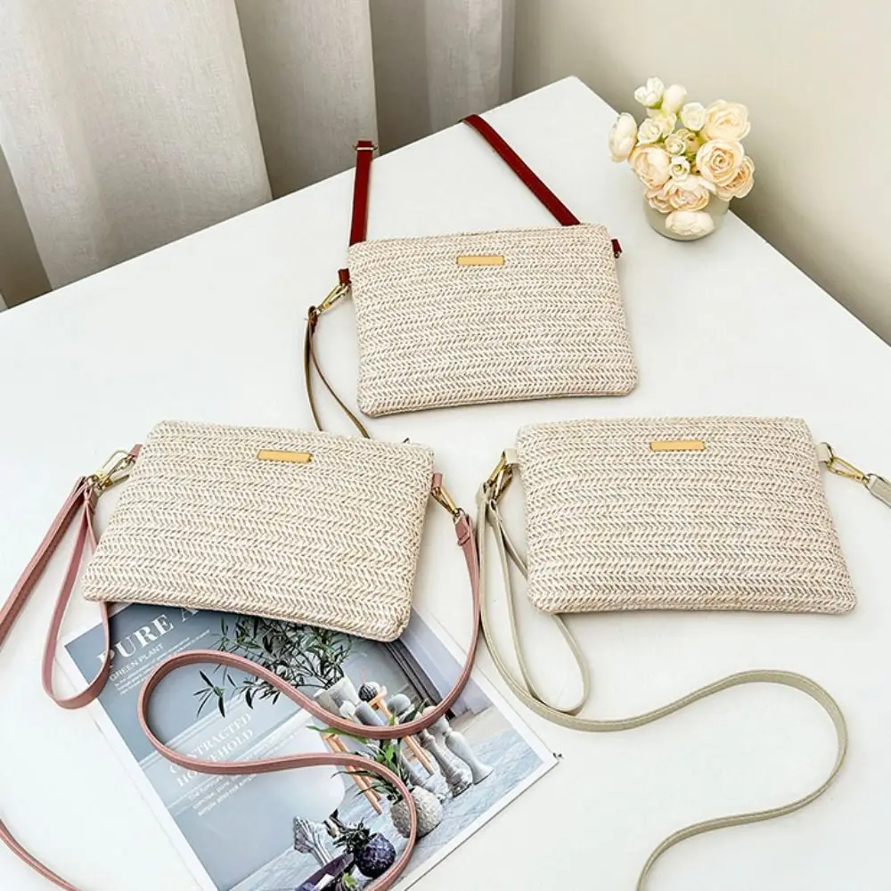 

Hand-woven Straw Crossbody Bag Large Capacity Casual Woven Shoulder Bag Simple with Shoulder Strap Mobile Phone Bag Summer