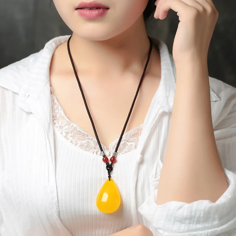 Honey water drop , chicken oil yellow square pendant, raw stone blood amber necklace, sweater chain, unisex g