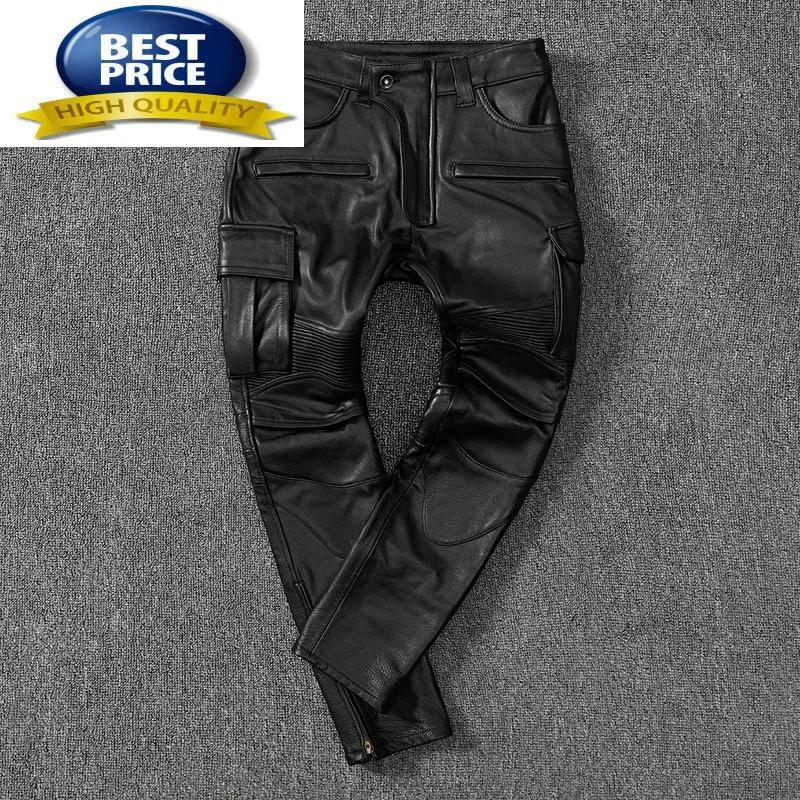 Quality Black High Mens Pants 100% Cowhide Leather Pants Men Motorcycle Trousers Plus Size 5xl Spring 2023 Pantalon Cuir