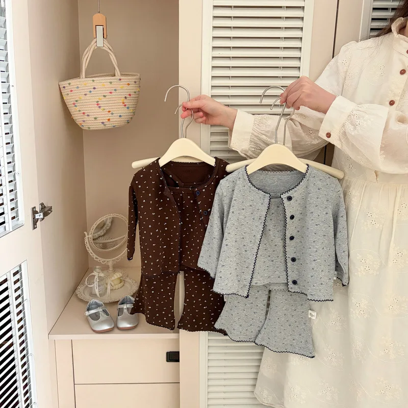 2026 Autumn New Baby Long Sleeve Clothes Set Girls Sling Vest + Floral Cardigan + Flared Pants 3pcs Suit Kids Casual Outfits