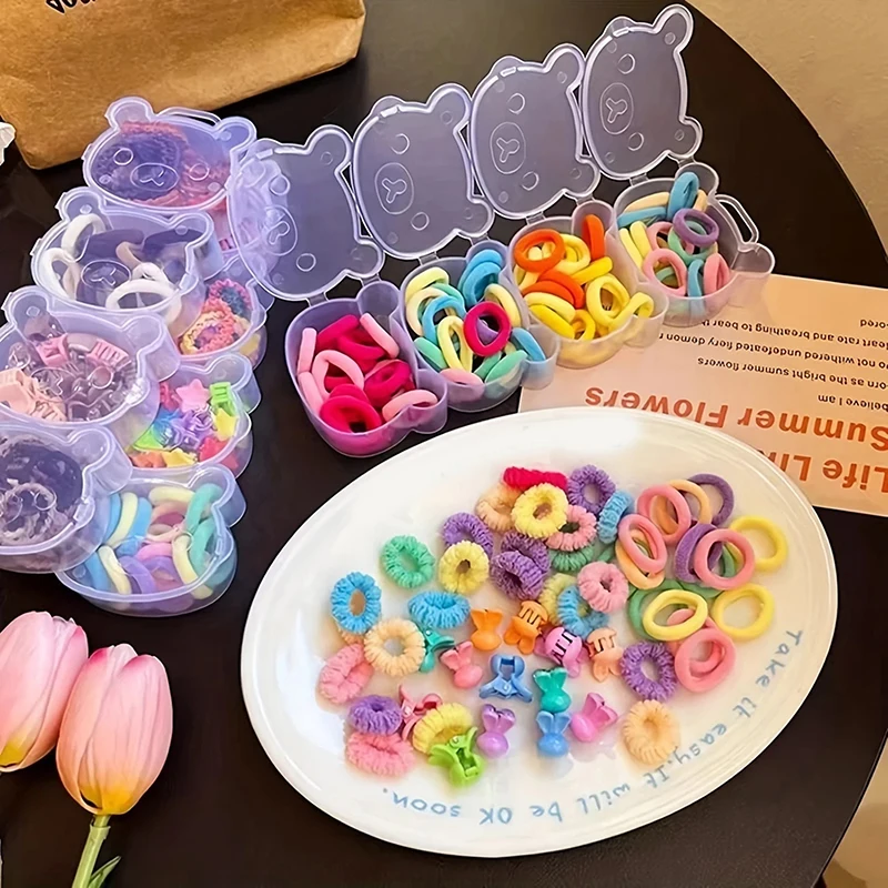 Rubber Band Hairpin Four-piece Storage Box Bear Transparent Plastic Box Earring Jewelry Multi-grid Classification Packaging Box.