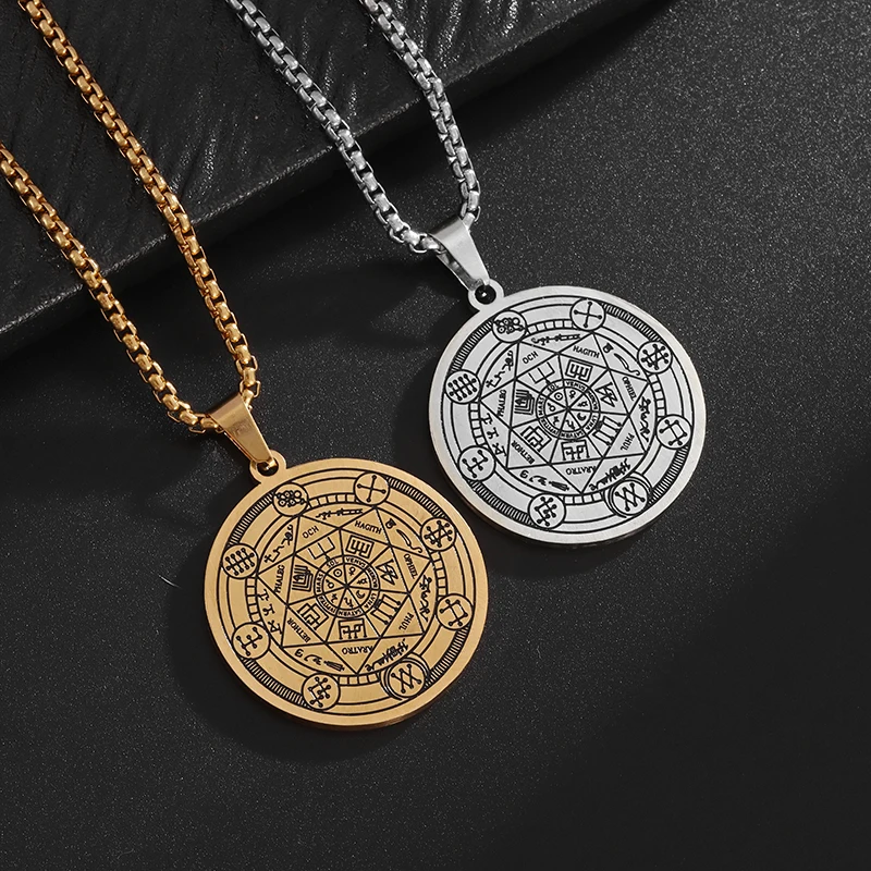 Solomon's Fashionable Seventy-Two Gate Pillar Array Stainless Steel Circle Pendant Necklace Men's Trendy Shiny Jewelry