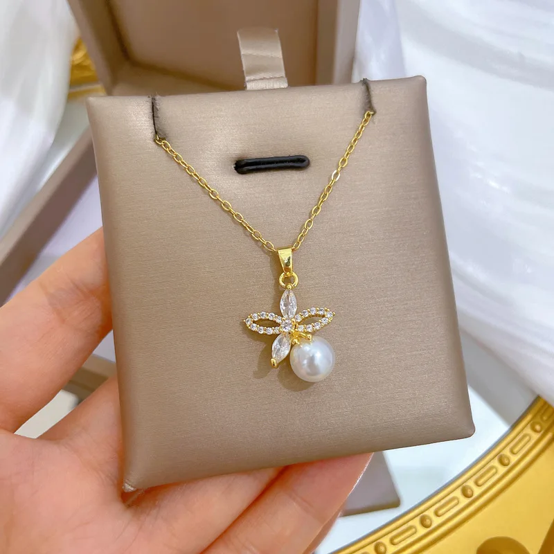 Micro-inlaid Stainless Steel Charm Flower Necklace Earrings Fashion Gorgeous Pearl Temperament Girl Accessories Set