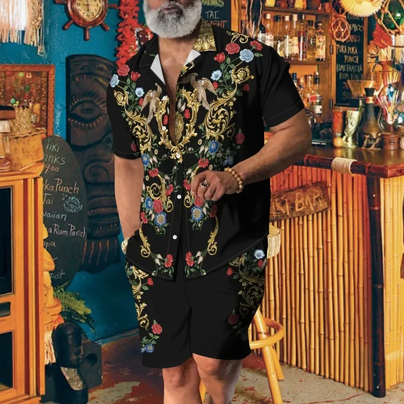 2025 Men's High Temperament Short-Sleeved Shirt Shorts Two-Piece Summer New Breathable Lapel Shirt Casual Drawstring Shorts Set