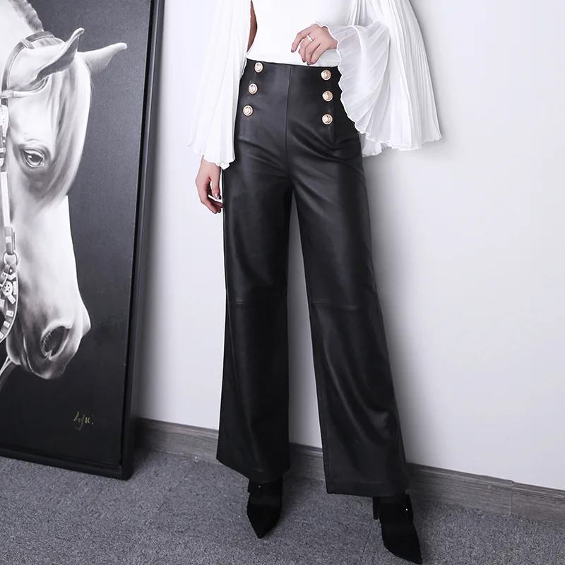 

2024 Women Spring New Genuine Lambskin Leather Pants High Waist Metal Buckle Wide Leg Leather Pants E27