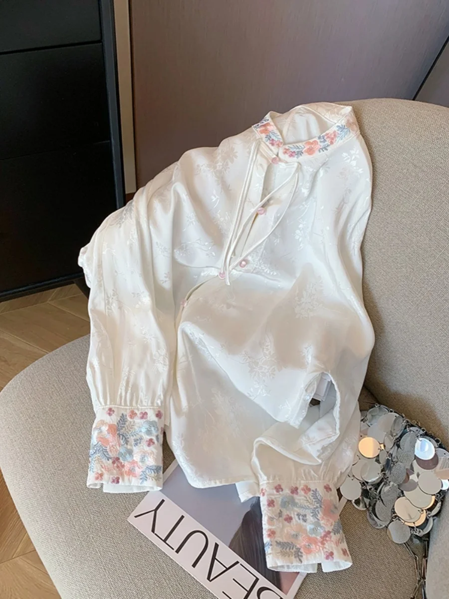 Nuevo cuello chino Sle blanco con botones irt para mujer Primavera Verano Retro reformado nacional Sle Zen bordado Tang costo...