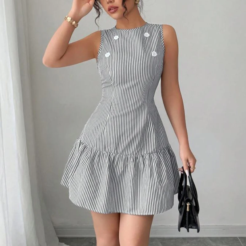 Holiday Style Striped Pleated A-Line Dress Casual Zippers O-Neck Dresses Women 2026 Summer Casual Slim Sleeveless Mini Dress