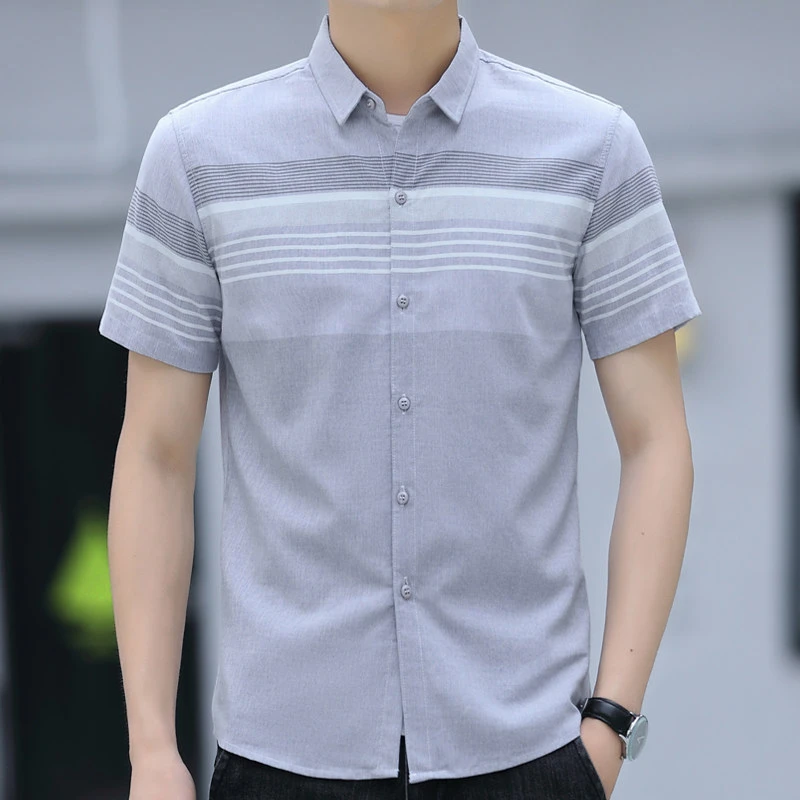 High Quality Men T Shirt Grey Light Green Short Sleeve For Male Summer Cotton Lapel Buttoned Tops Cotton Shirt Dropship Top