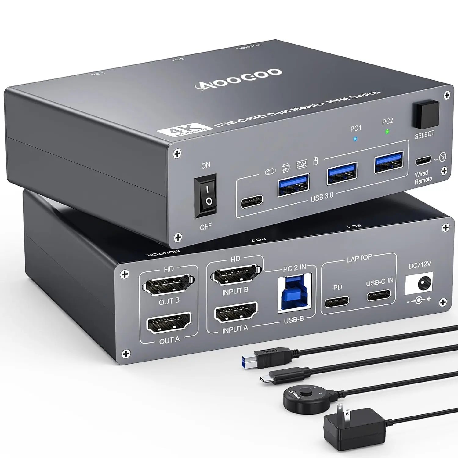 

KVM-переключатель 4K при 60 Гц, KVM-переключатель USB C HDMI с двойным монитором для 1 ПК и 1 совместного использования ноутбука, 2 монитора и 4 устройства USB3.0