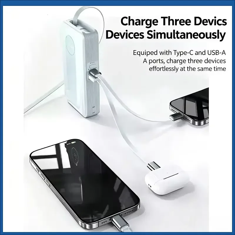 65W 20000mAh for IPhone for Android Phone PowerBank with Retractable Type-C Cable Power Bank with Built in Plug