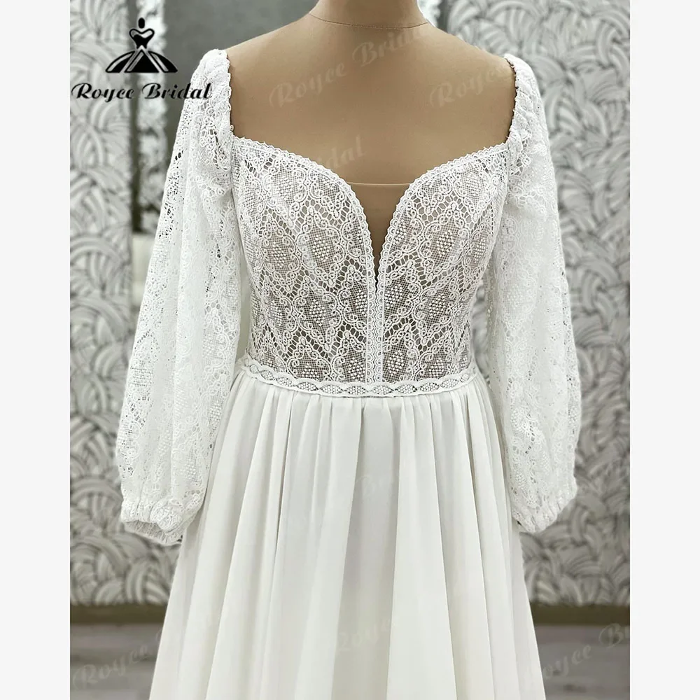 robe boheme femme Puff Long Sleeve Chiffon Lace Boho Wedding Dress for Women 2025 Princess Bridal Gown Customize robes de mariée