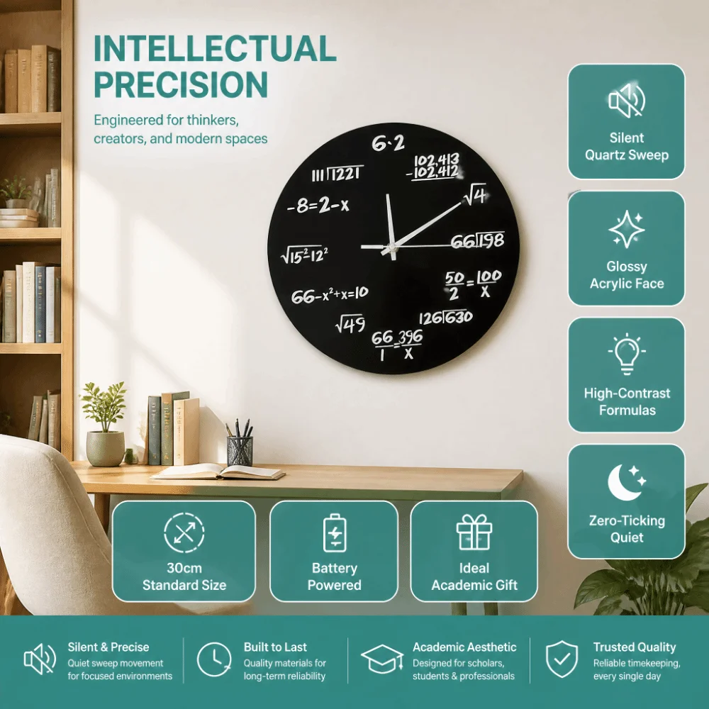 12 Inch Mathematical Wall Clock Black Color Battery Operated Acrylic Wall Clock 3D Design Silent Operation 3D Decoration Clock