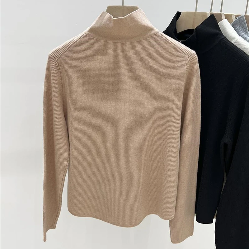 2023 Autumn Winter Knitted Women Zipper High Neck Sweater Pullovers Turtleneck Basic Women Sweaters Slim Fit Black Pull Femme