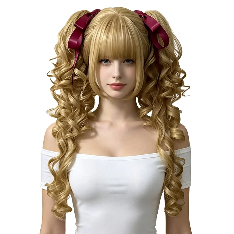 Lolita Detachable Twin Tail Wig Long Curly Flaxen Platinum With Bangs Protein Fiber Synthetic Hair For Women Cosplay Daily Wear