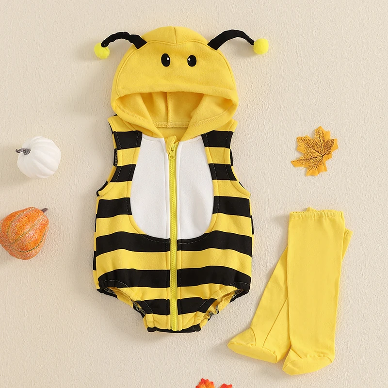 Baby Bee Costume Sleeveless Hooded Romper Long Socks Set Infant Bumble Bee Costume Newborn Outfit