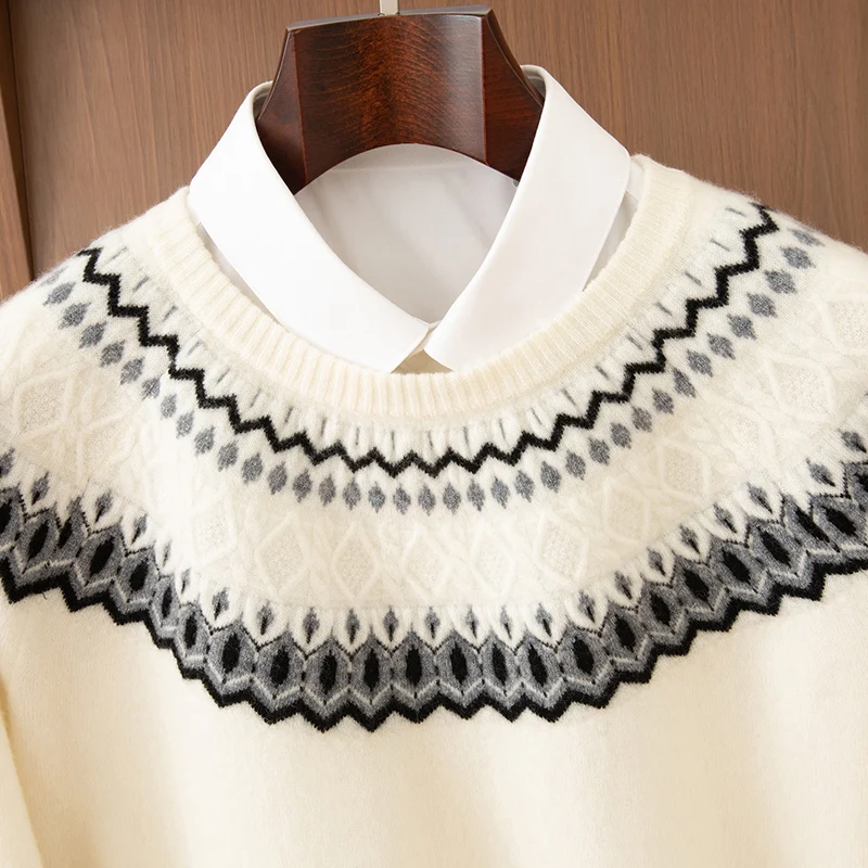 100% Merino Wool Sweater Men's Round Neck Jacquard Pullover Sweater With Back Thick Loose Casual Knit Base Warm Cashmere Sweater