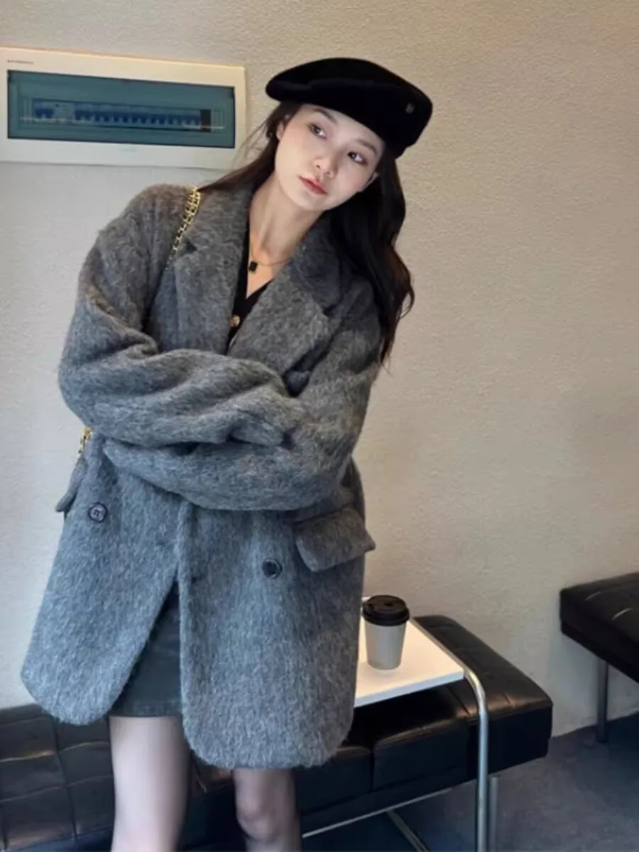 Women\'s Woolen Blazer Autumn Winter 2023 New Gray Audrey Hepburn Style Classy Fashion Solid Color Versatile Loose Coat Hot Sale