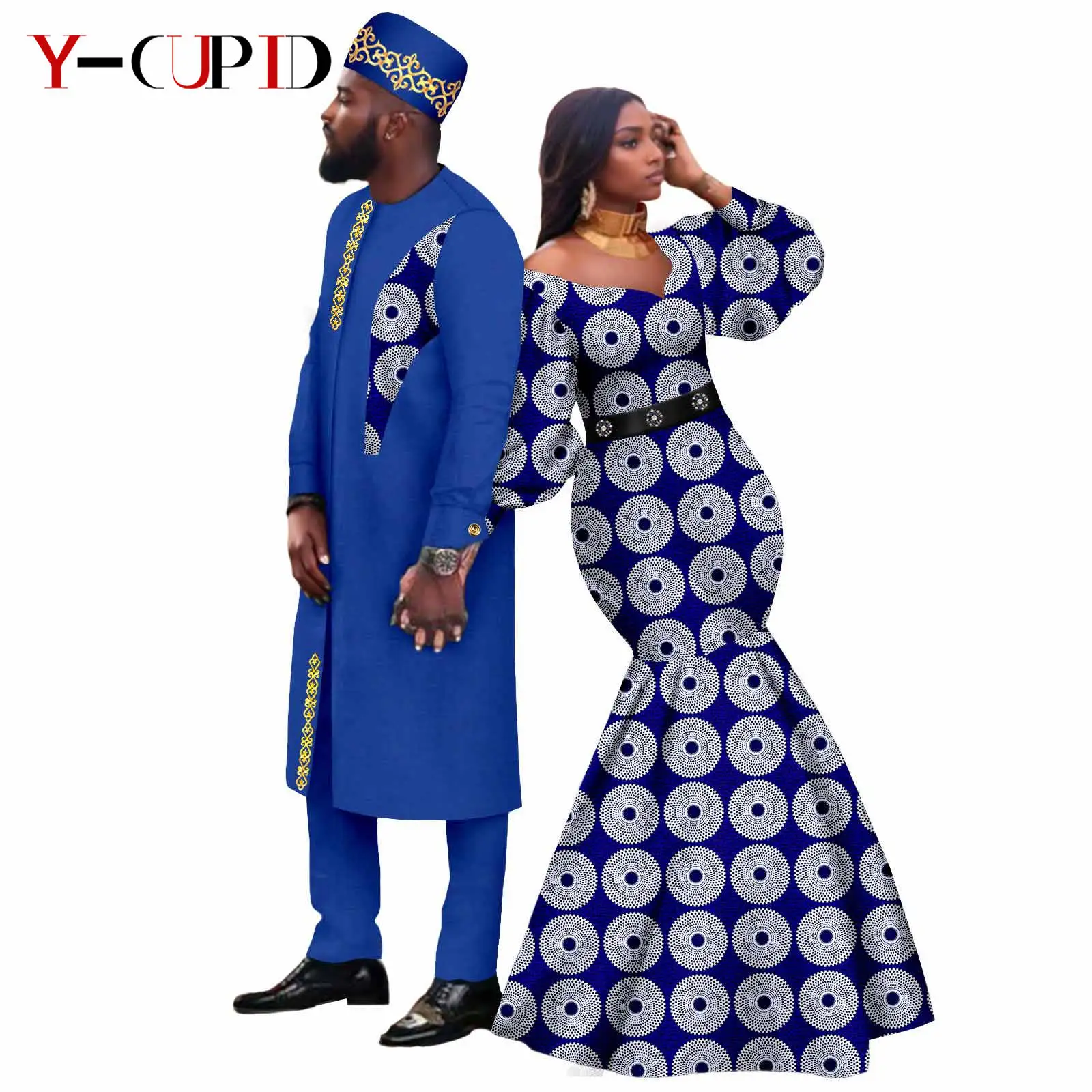 African Print Long Mermaid Dresses for Women Matching Couples Clothes Dashiki Men Outfit Hat Long Jacket and Pant Sets 24C062