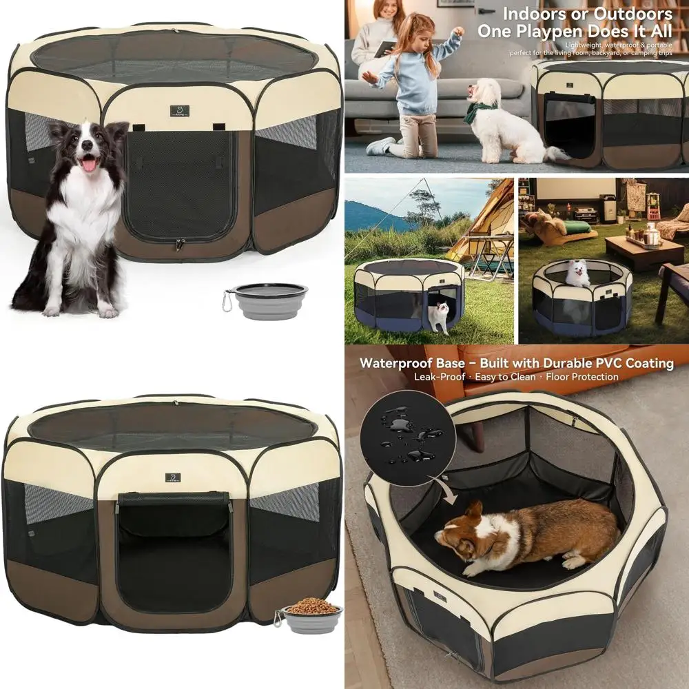 

Portable Indoor Dog Playpen for Small Dogs & Puppies - 50.39 Folding Play Area with Bowl, Waterproof Floor, Safe Space for Home,