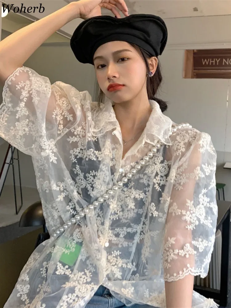 Summer Vintage See Through Temperament Blouses for Women Turn Down Collar Oversized Shirts Fashion Lace Embroidery Blouse Tops