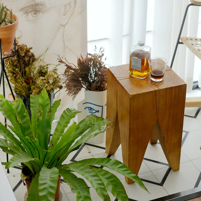 

Scandinavian Solid Wood Ottoman Modern Square Stool for Living Room Minimalist Indoor Plant Stand Log Wind Balcony Coffee Table