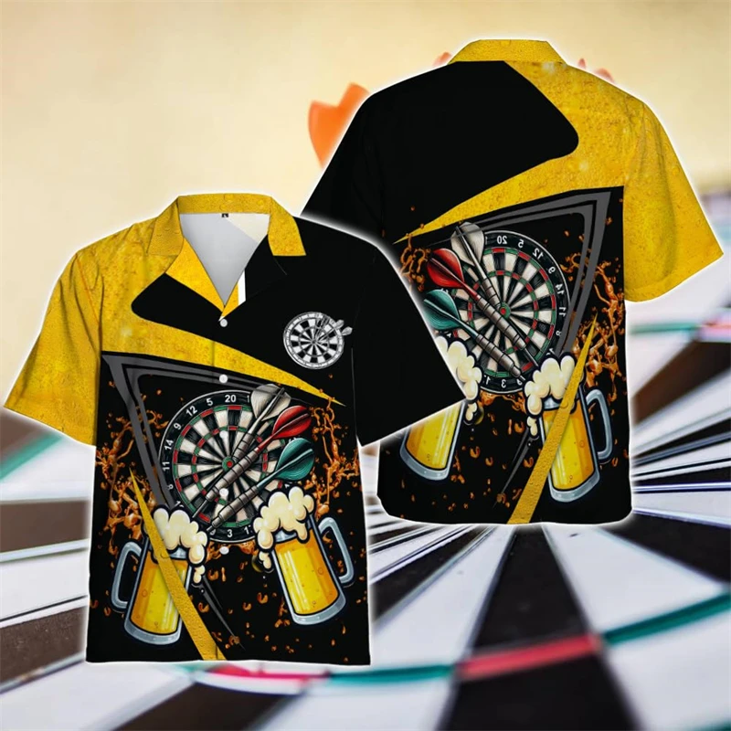 Beer Darts Graphic Short Sleeve Shirts For Men Clothes Casual Bar Party Lapel Blouse Dart Club Button Shirt Sport Team Male Tops