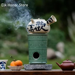 Yue Kiln Celadon Kungfu Tea Set Teapot Japanese Round Furnace Fast Alcohol Furnace Dry-fired Clay Teapot Beam Kettle Kitchen Bar