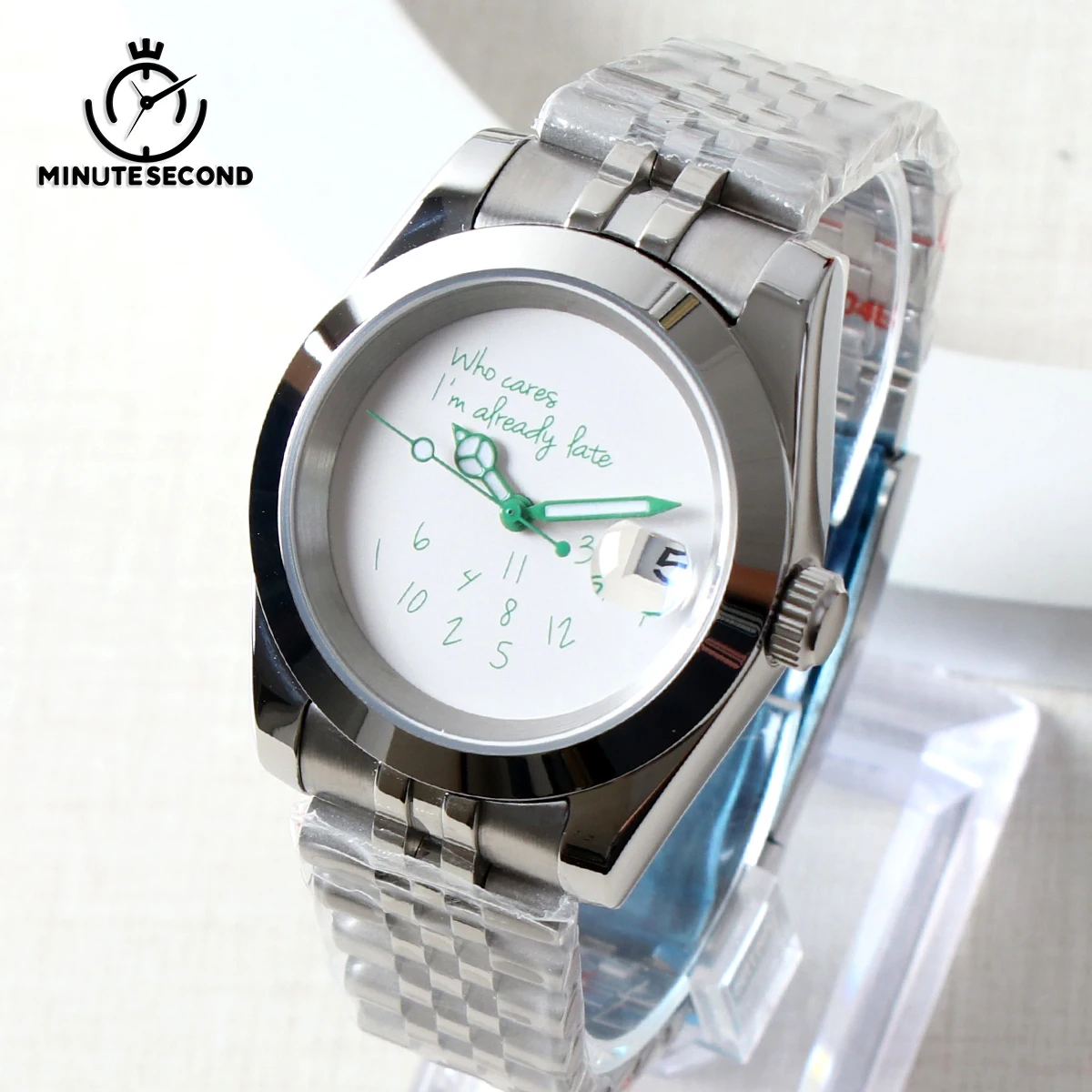 

MINUTESECOND NH35 Watch Green Dial Who cares, I'm already late Silver Sapphire Crystal NH35 Automatic Movement 39mm NH35 Watches