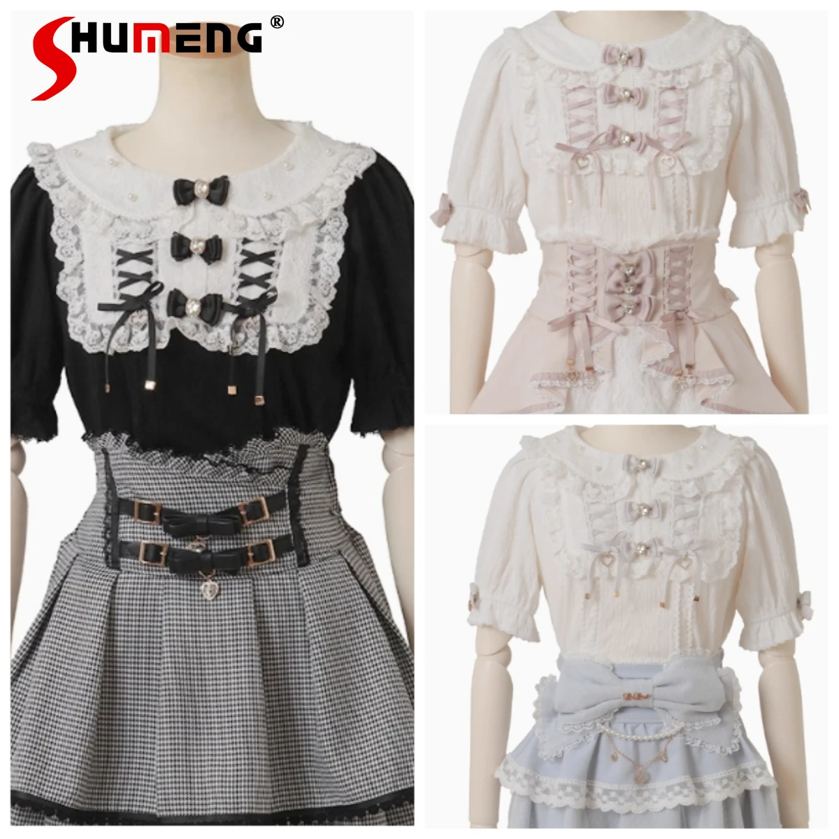 Estilo japonês mina produzido em massa doce bonito renda emenda grânulo boneca colar manga bolha arco versátil lolita camisas topos feminino