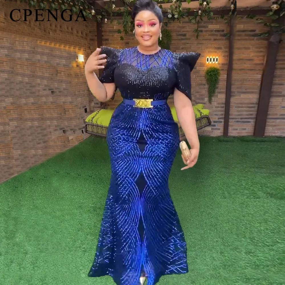 

Plus Size African Party Dress for Women Elegant Lady Wedding Evening Formal Dresses 2024 Christmas Sexy Sequins Bodycon Gown