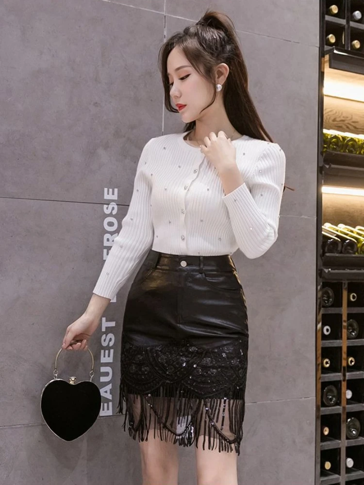 Spring New High Waist Embroidered Fringe Skirt Women Sequins Patchwork Design Midi Length Bodycon