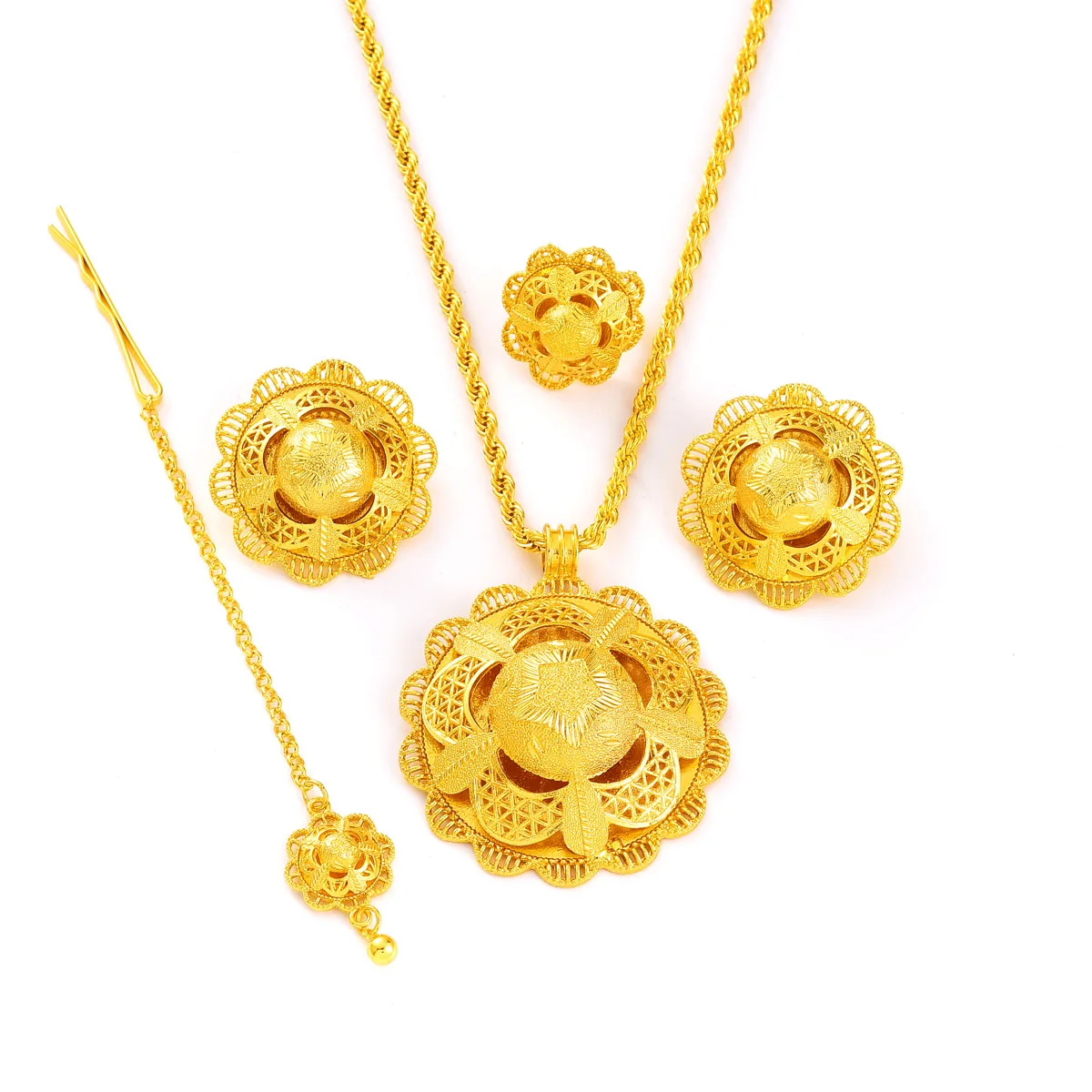 Golden Color Ethiopian Jewelry Sets Pendant Earrings Ring Head Chain 4-Piece Sets African Eritrean Wedding Engagement Gifts #186