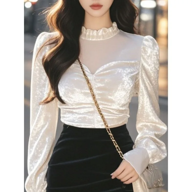 Korejepo Semi Turtleneck Mesh Stitching White Long Sleeved Bottoming Shirt Autumn Temperament Golden Velvet Versatile Short Top