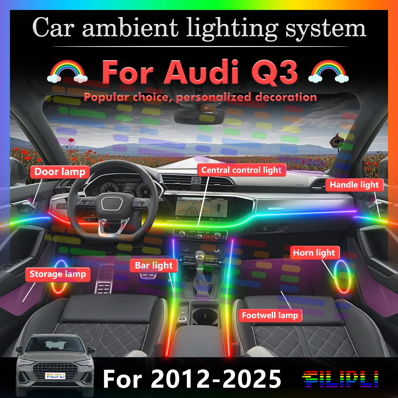 

For Audi Q3 Auto Interior LED Multi-color Ambient Decorative Light, Smart Control Lamp
