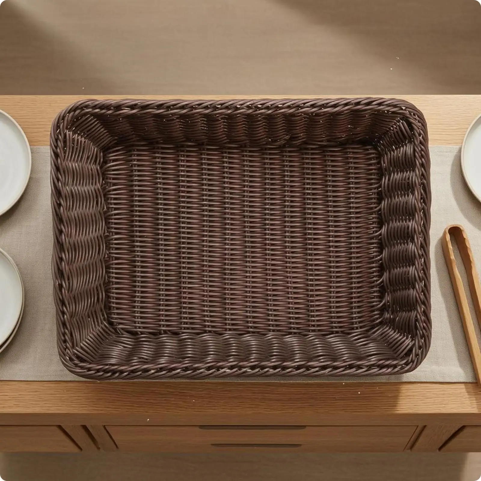 Rectangular Rattan Basket Woven Rim Wicker Storage Tray Multipurpose