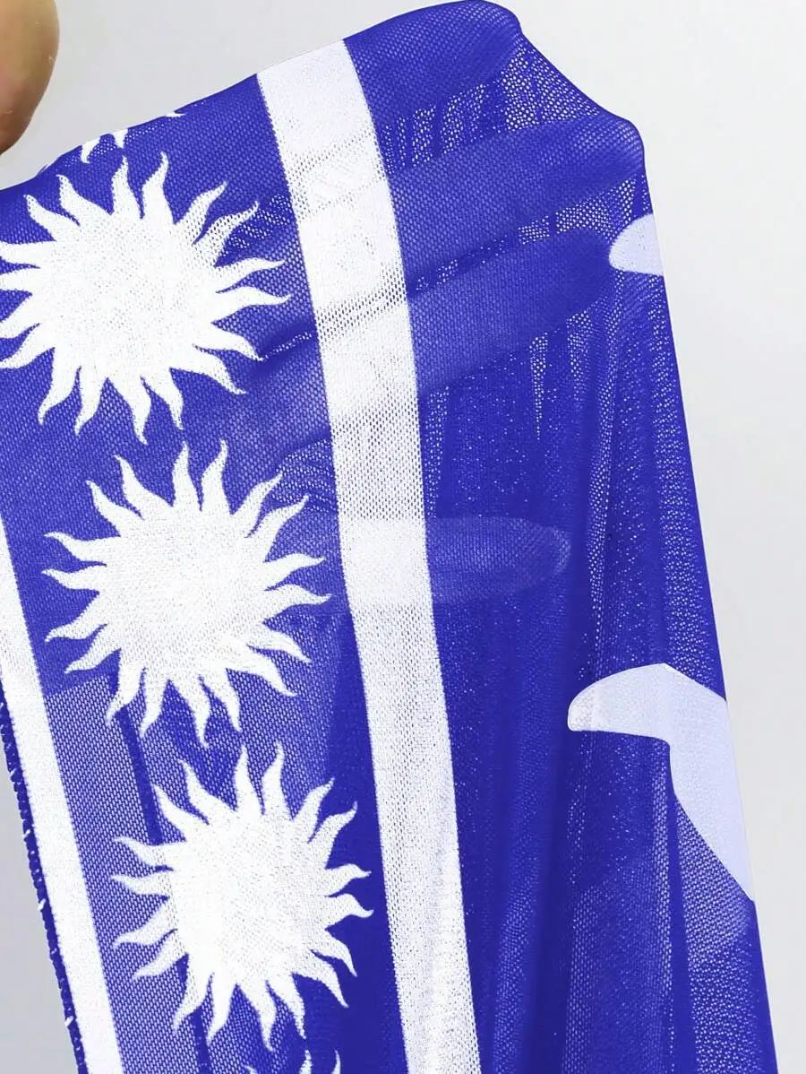 

Women Blue Mesh Printed Long Skirt Beach Cover Up Swimsuit Set Summer Vacation