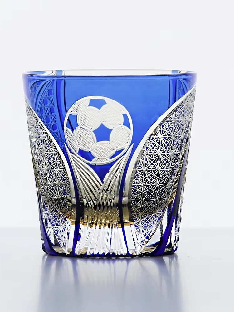 Hand-cut football-themed crystal glasses, lead-free colored stacked whiskey glasses