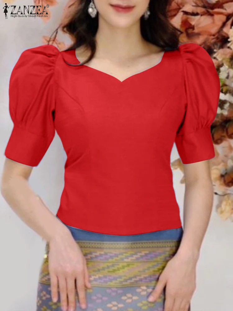 ZANZEA Elegant Women's Slim Fit Short Blouses Romantic Heart-Shaped Neckline Short Puff Sleeve Side Zipper Solid Color Tops 3XL