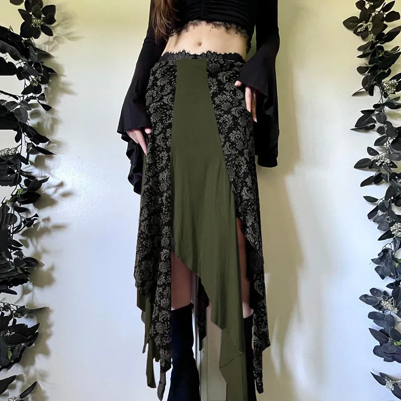 

Lace Patchwork Floral Print Contrasting Splicing Irregular Hem Skirt 2025