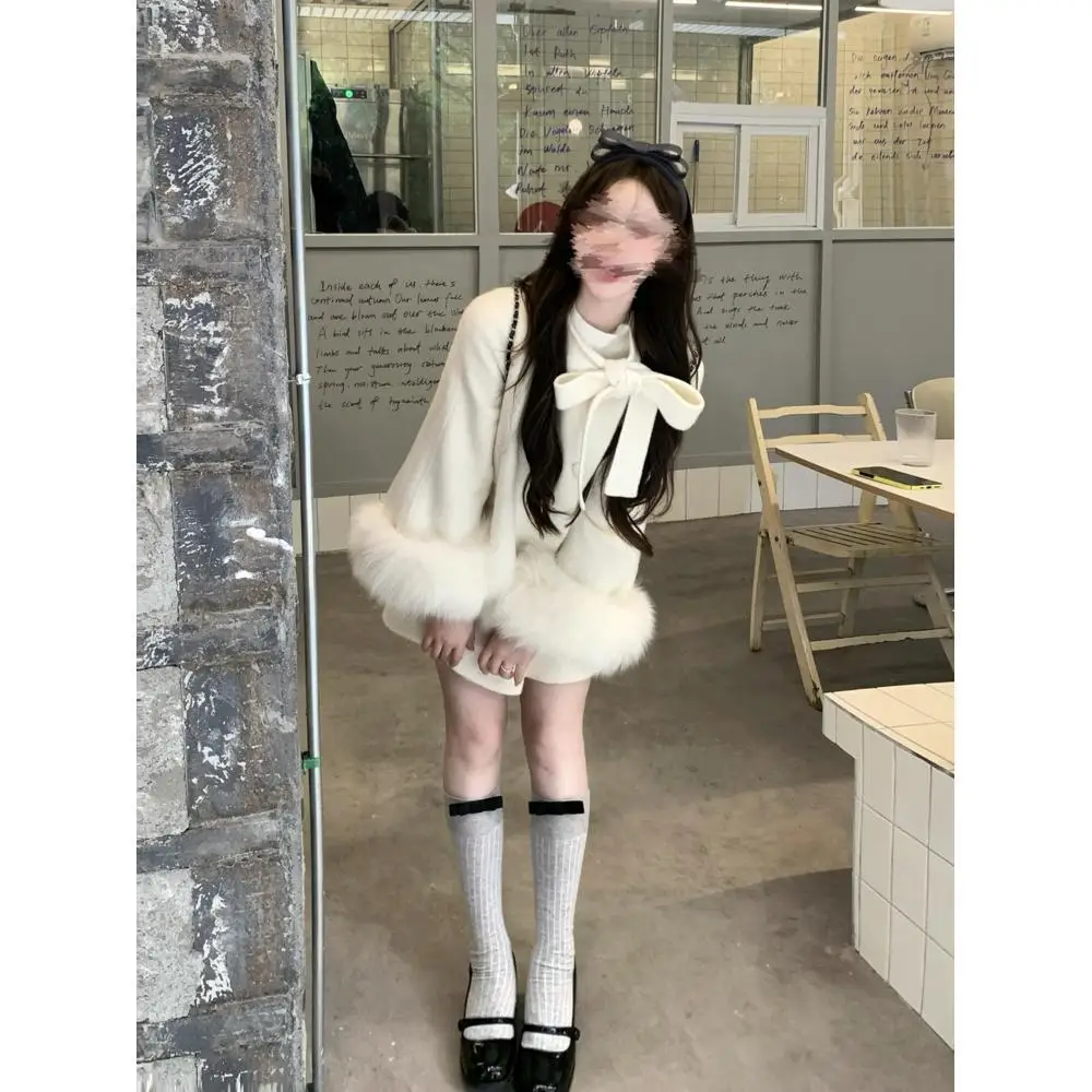 Casual Lose frauen Woolen Mantel Fuchs Pelz Simulation Weiß Mantel Französisch Cote D'or Stil Frühling Herbst Winter Mode Oberbekleidung