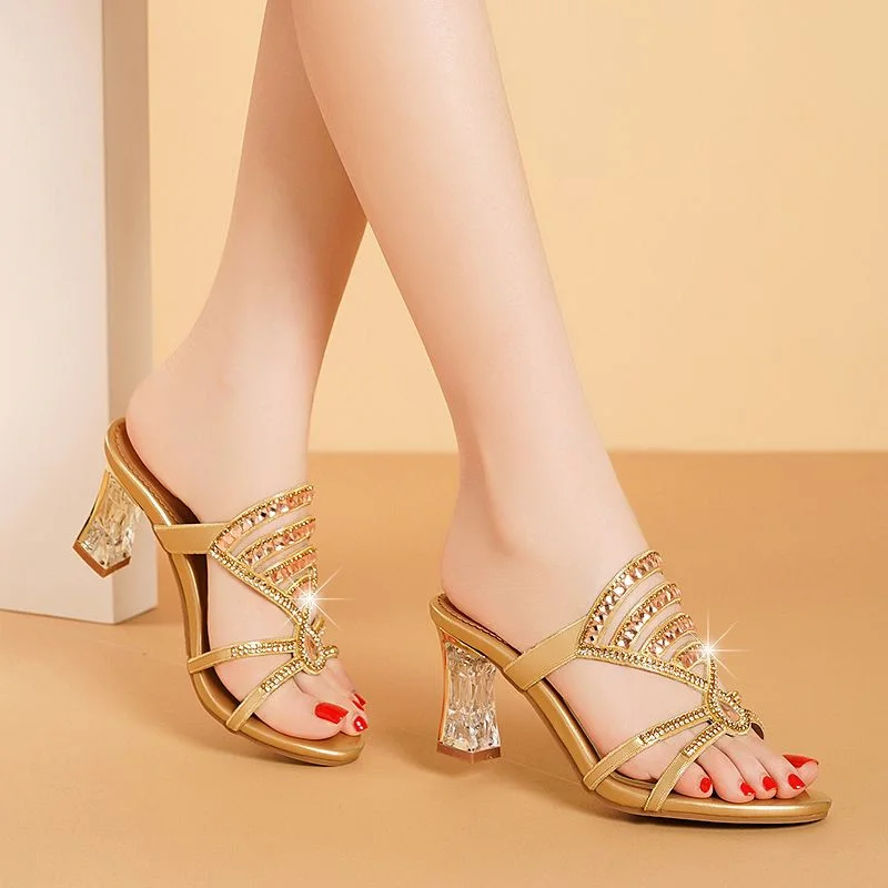 New Fashion Summer Sandals Women\'s Diamond Sandals High Heel Slippers Non Slip Banquet Shoes Breath Diamond Beach Shoes