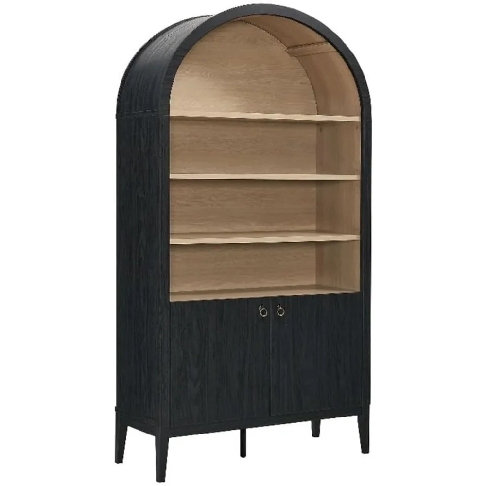 Nolan Tall Arched Storage Display Cabinet in Black - 74 Inch Arch Bookshelf with Open and Closed Shelving - Modern Accent Cabin