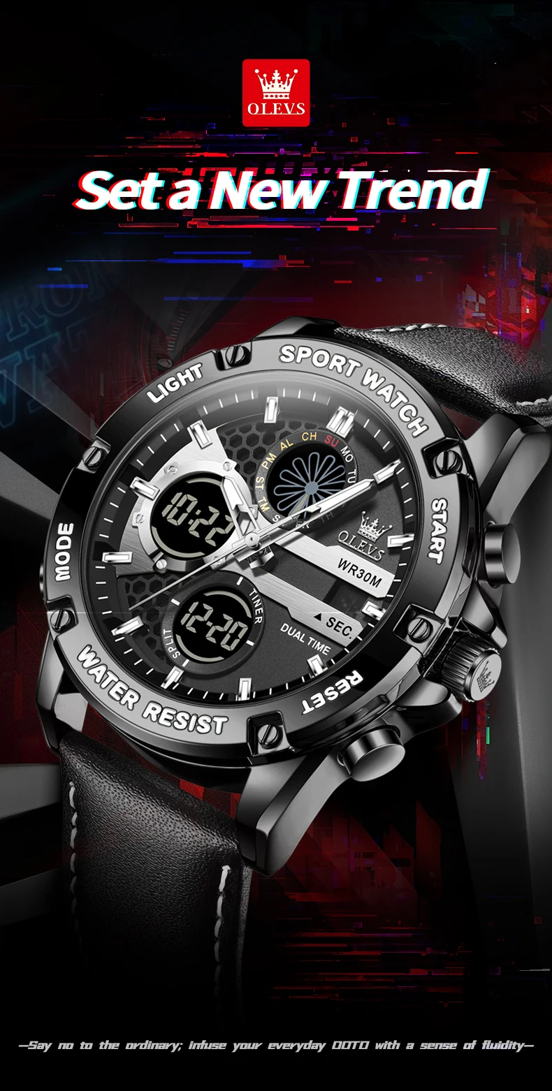 OLEVS 1110 Original Quarzuhr für Herren Multifunktionale Persönliche Digitaluhr Modische Lederarmband Sportuhr – Detail 1