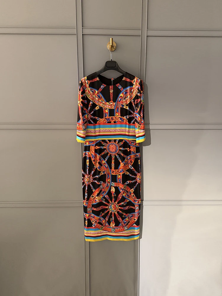 Spring Summer Winter Fashion Vintage Wheel Pattern Print Midi Pencil Dress Women's O-Neck Long Sleeve High Waist Long Dresses