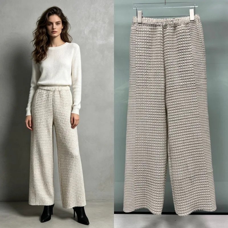 Miyake Original Pleated Wide-Leg Pants Plisse Women 2026 Autumn New Loose Embroidered Waffle Texture Fashion Casual Long Pants