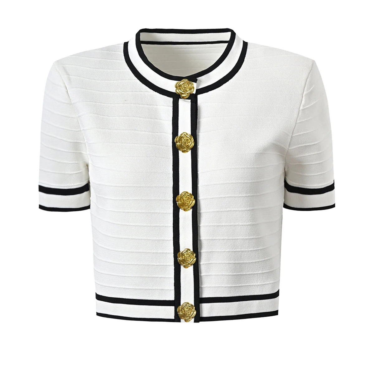 SML Three Color High Quality Elastic Knitted Fabric Flower Button Short Sleeve Round Neck Stripe Slim Fit Fashion Women Cardigan